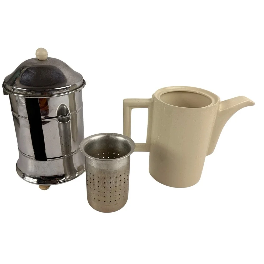 Vintage Ever-Hot Teapot Set Insulated Chrome Cozy Ceramic Pitcher Infuser Retro